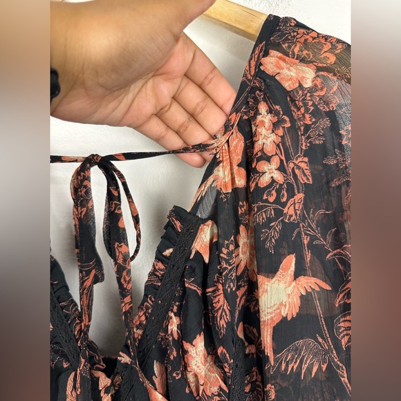 Free People You're A Jewel Maxi Dress Chiffon Black Rose Bird Print Floral Sz XS - Picture 7 of 11